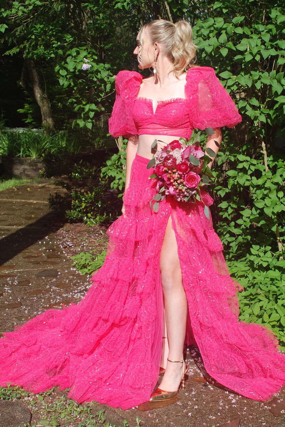 A-Line Tulle Tiered Square Neck Puff Sleeves Long Prom Dress with Slit