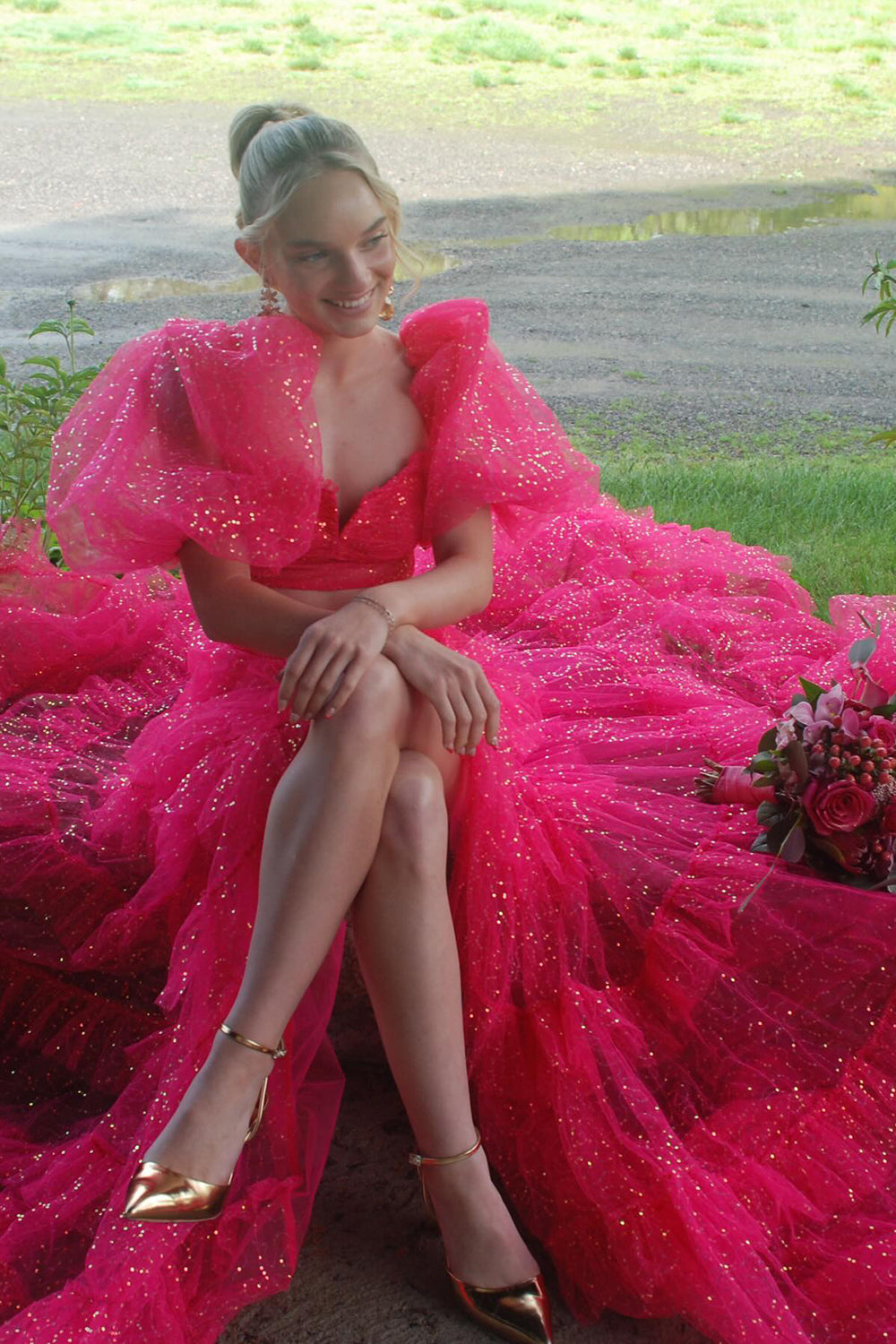 A-Line Tulle Tiered Square Neck Puff Sleeves Long Prom Dress with Slit