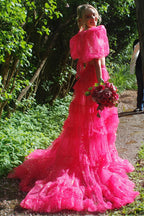 A-Line Tulle Tiered Square Neck Puff Sleeves Long Prom Dress with Slit