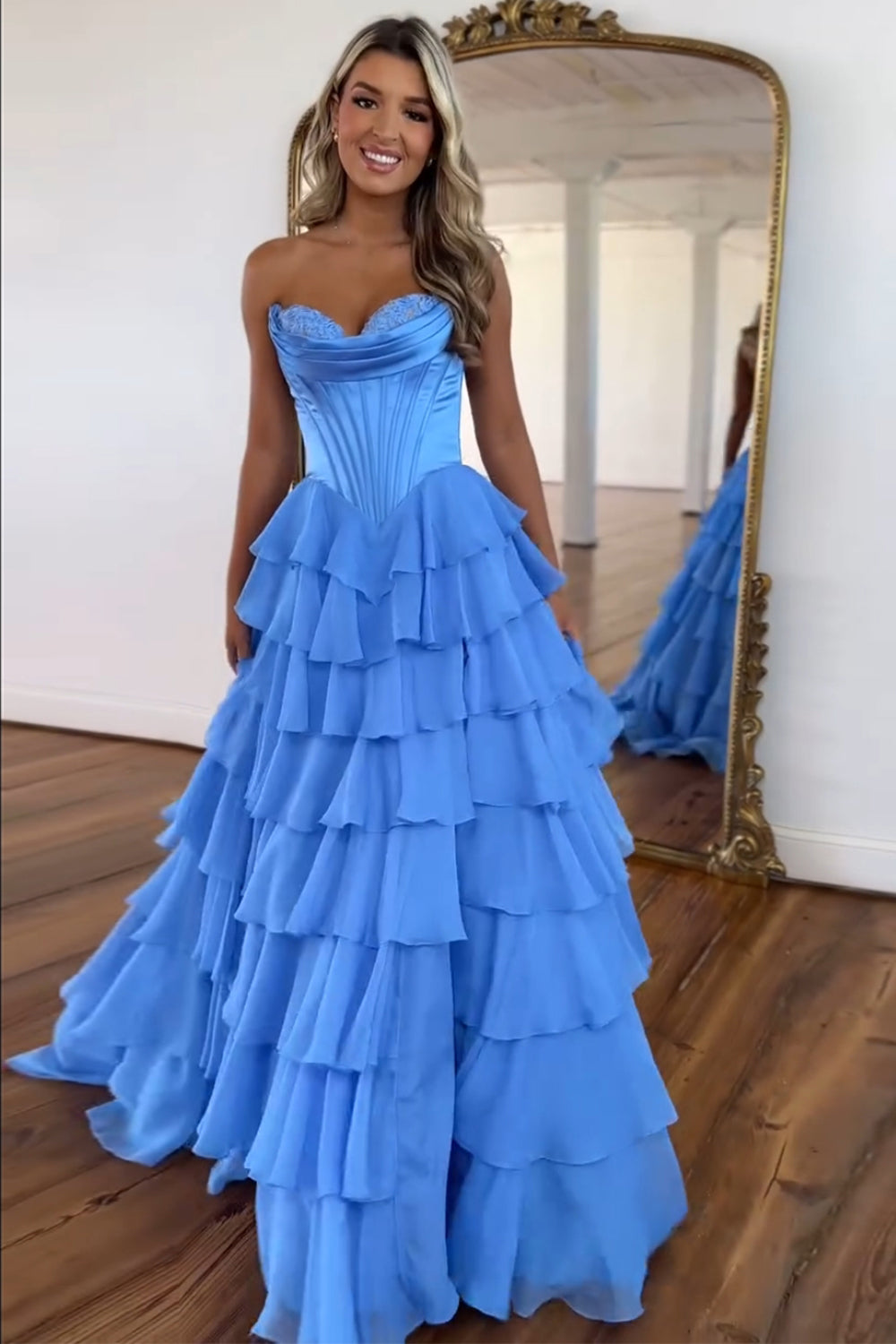 A-Line Sweetheart Chiffon Ruffled Long Corset Prom Dress with Slit