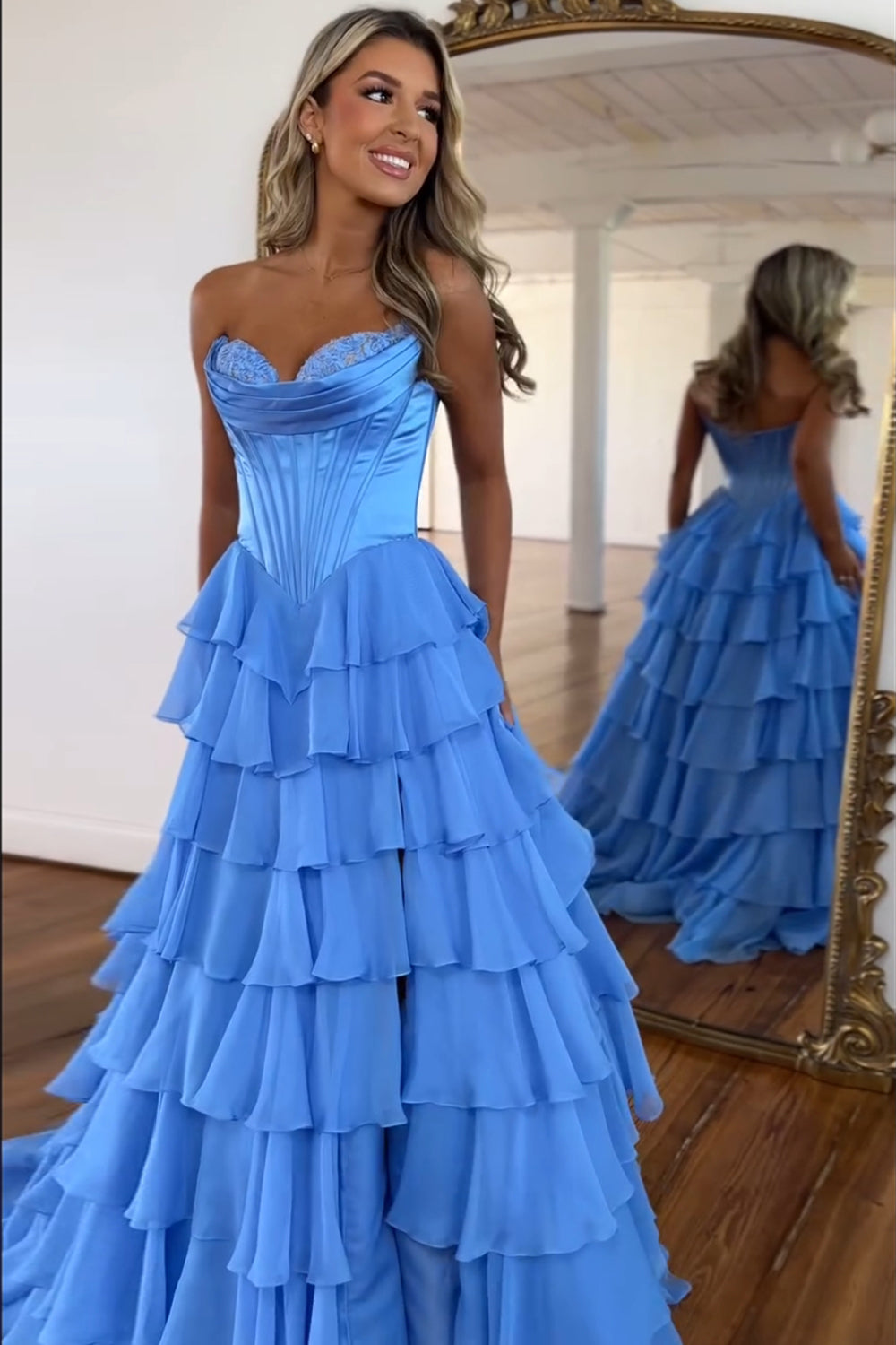 A-Line Sweetheart Chiffon Ruffled Long Corset Prom Dress with Slit