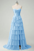 A-Line Sweetheart Chiffon Ruffled Long Corset Prom Dress with Slit