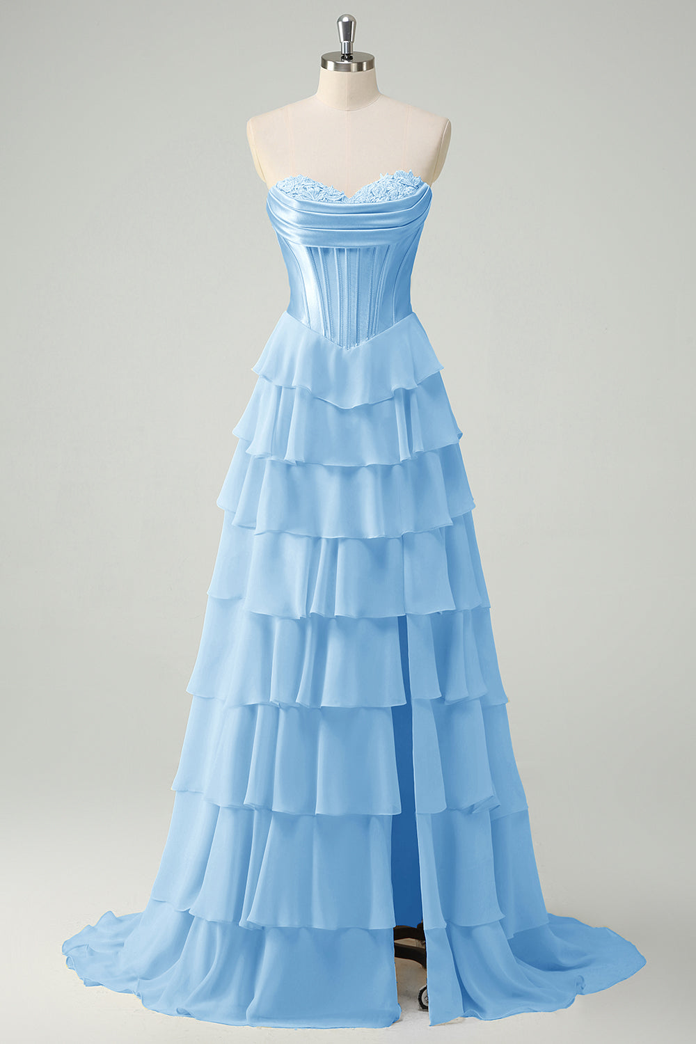A-Line Sweetheart Chiffon Ruffled Long Corset Prom Dress with Slit