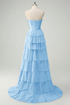 A-Line Sweetheart Chiffon Ruffled Long Corset Prom Dress with Slit