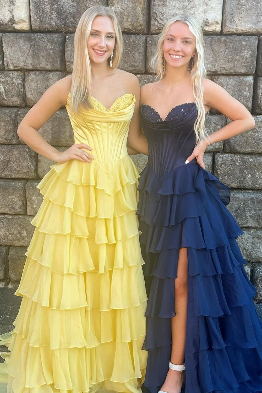 A-Line Sweetheart Chiffon Ruffled Long Corset Prom Dress with Slit