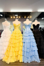 A-Line Sweetheart Chiffon Ruffled Long Corset Prom Dress with Slit