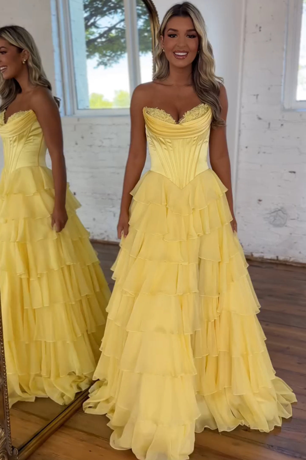 A-Line Sweetheart Chiffon Ruffled Long Corset Prom Dress with Slit