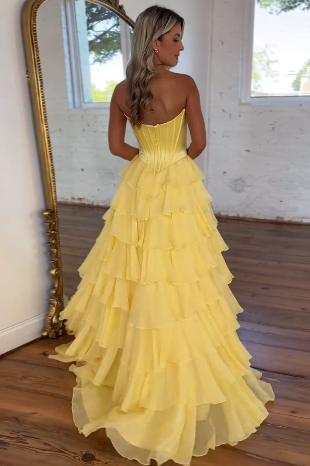 A-Line Sweetheart Chiffon Ruffled Long Corset Prom Dress with Slit