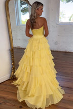 A-Line Sweetheart Chiffon Ruffled Long Corset Prom Dress with Slit