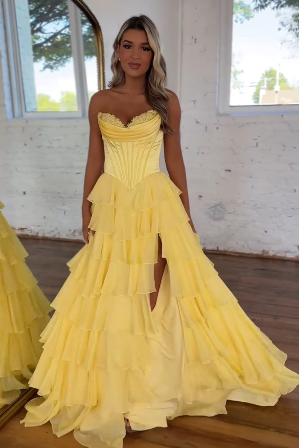 A-Line Sweetheart Chiffon Ruffled Long Corset Prom Dress with Slit