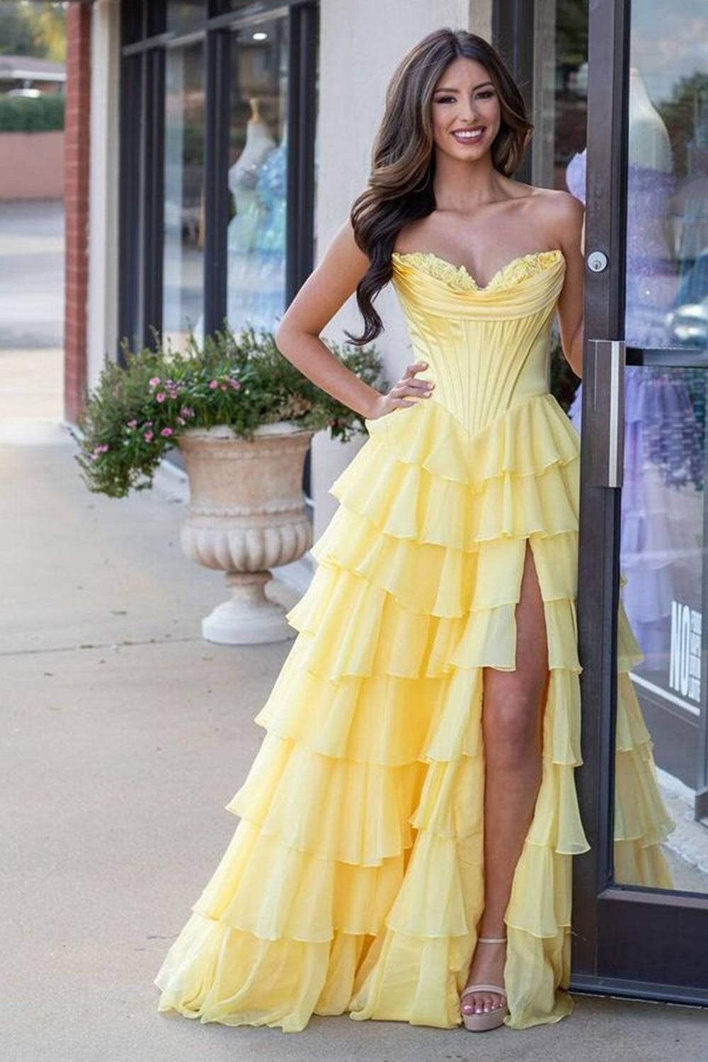 A-Line Sweetheart Chiffon Ruffled Long Corset Prom Dress with Slit