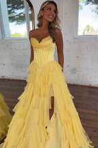 A-Line Sweetheart Chiffon Ruffled Long Corset Prom Dress with Slit