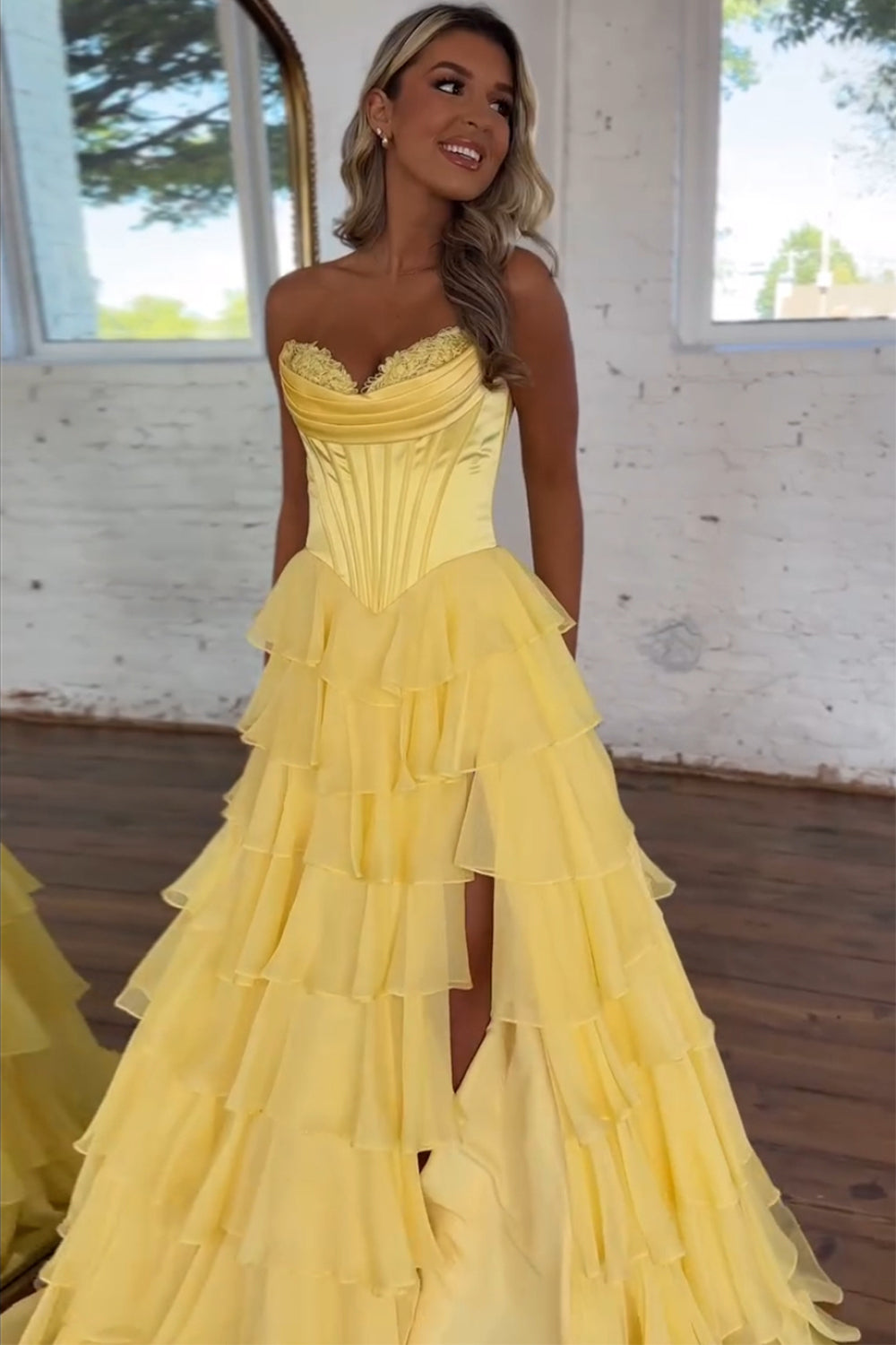 A-Line Sweetheart Chiffon Ruffled Long Corset Prom Dress with Slit