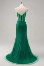 Glitter Royal Blue Spaghetti Straps Beaded Mermaid Long Corset Prom Dress with Slit