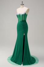 Glitter Royal Blue Spaghetti Straps Beaded Mermaid Long Corset Prom Dress with Slit