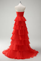 Orange Sweetheart Ruffled Long Prom Dress with Slit