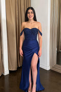 Off the Shoulder Satin Mermaid Long Corset Prom Dress with Sequins