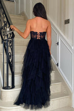 Blush Strapless A-Line Tulle Tiered Long Corset Prom Dress with Appliques