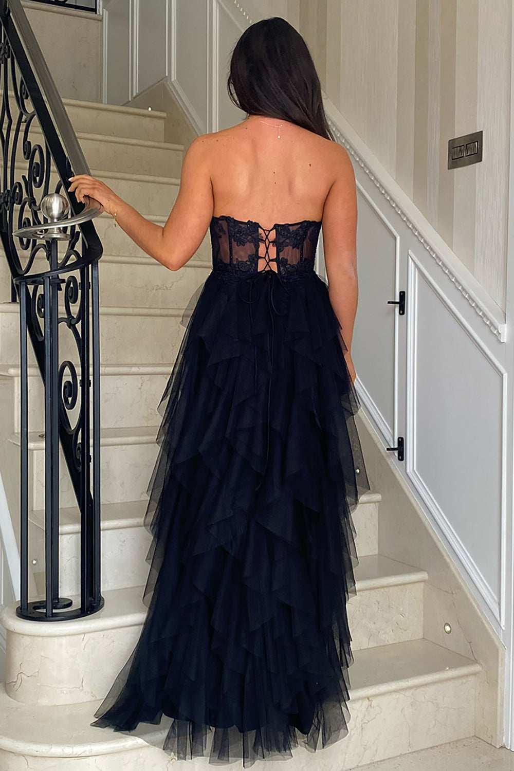 Blush Strapless A-Line Tulle Tiered Long Corset Prom Dress with Appliques