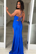 Mermaid Spaghetti Straps Satin Long Corset Prom Dress with Slit