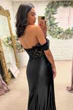 Off the Shoulder Mermaid Satin Long Corset Prom Dress with Appliques
