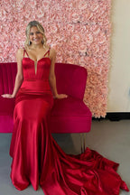 Burgundy Spaghetti Straps Satin Mermaid Long Corset Prom Dress