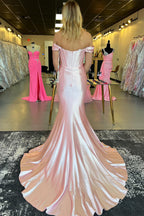 Off the Shoulder Satin Mermaid Long Corset Prom Dress