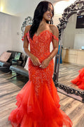 Off the Shoulder Mermaid Tiered Long Corset Prom Dress with Appliques