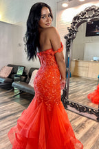 Off the Shoulder Mermaid Tiered Long Corset Prom Dress with Appliques