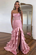 Blush Strapless Mermaid Satin Tiered Long Prom Dress with Sequins