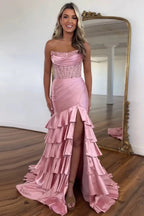 Blush Strapless Mermaid Satin Tiered Long Prom Dress with Sequins