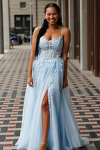 Light  Spaghetti Straps Tulle A-Line Long Corset Prom Dress with Appliques