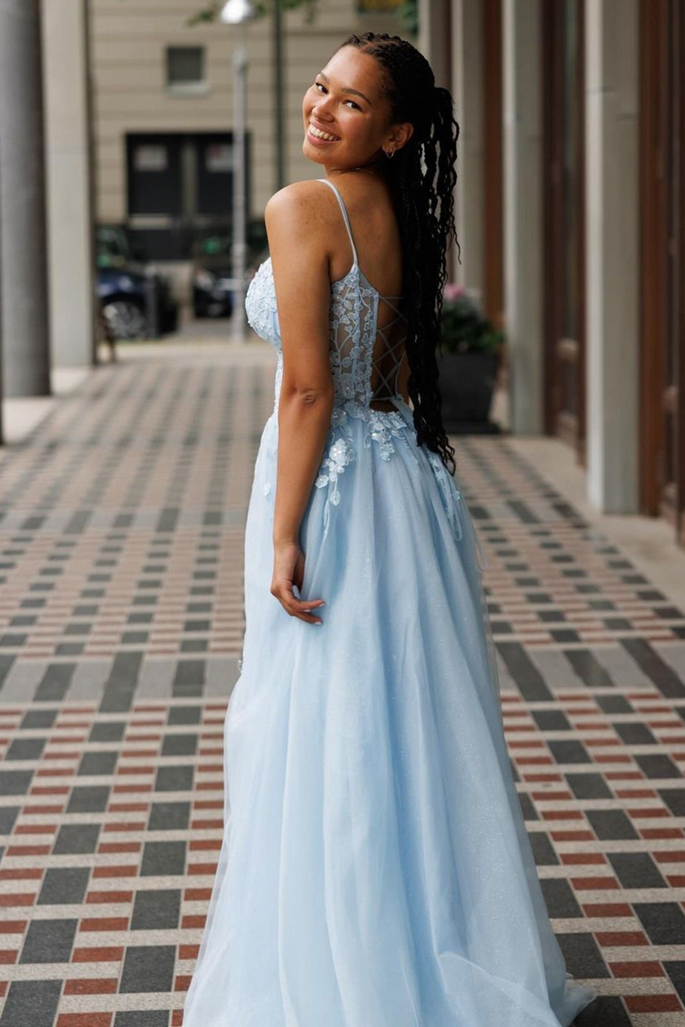 Light  Spaghetti Straps Tulle A-Line Long Corset Prom Dress with Appliques