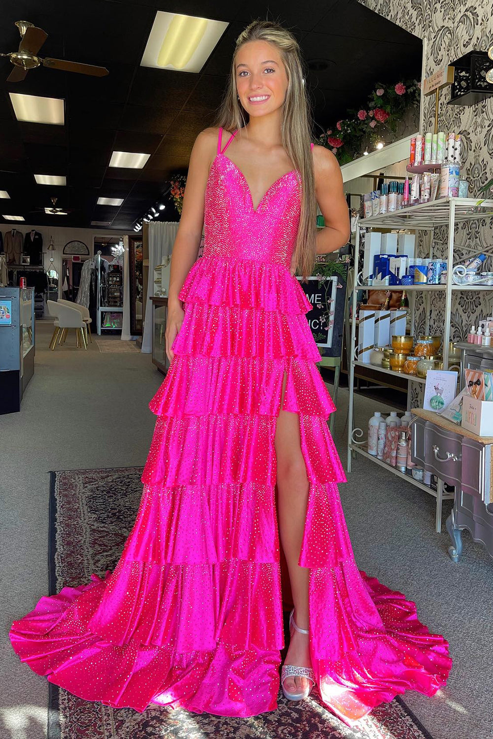 Glitter Spaghetti Straps A-Line Beaded Ruffled Long Prom Dress with Slit