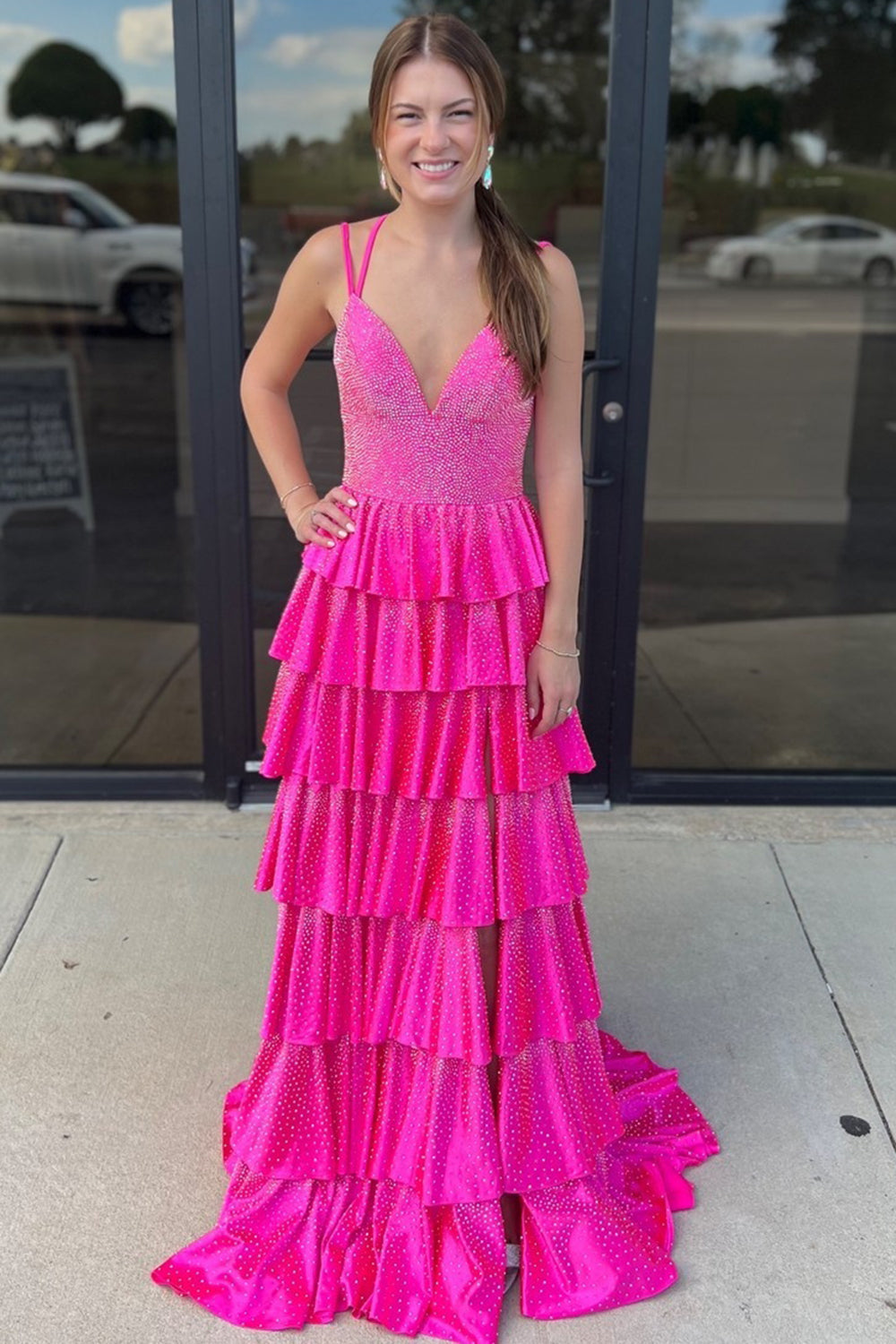 Glitter Spaghetti Straps A-Line Beaded Ruffled Long Prom Dress with Slit
