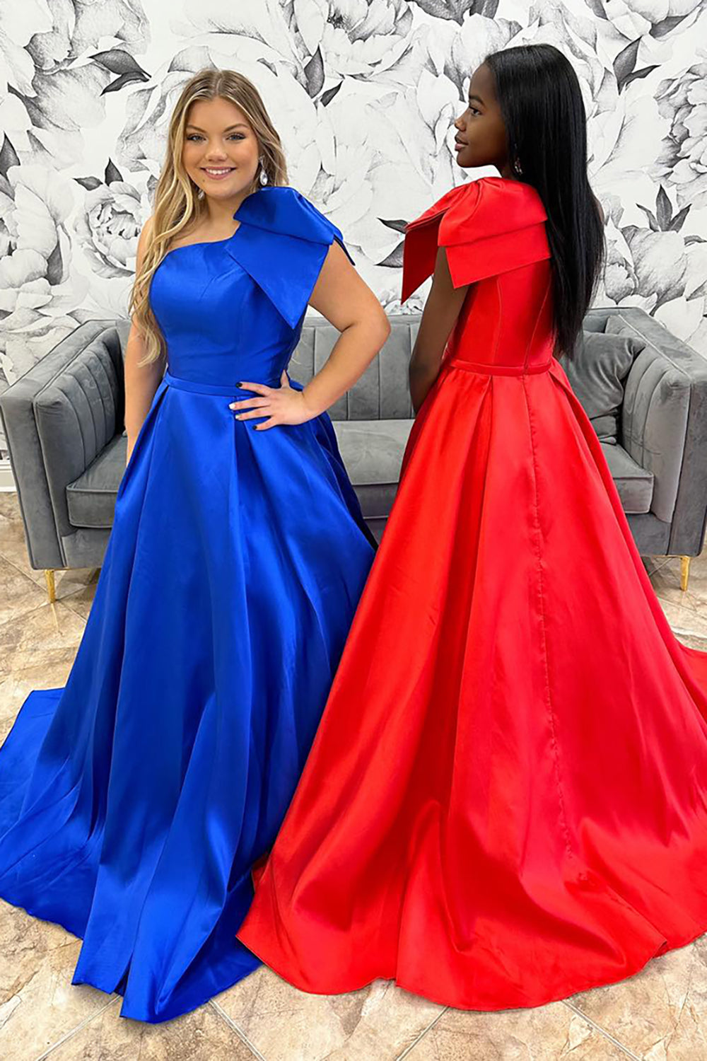 One Shoulder Princess Satin Long Prom Dress with Bow