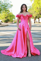 Off the Shoulder A-Line Satin Long Corset Prom Dress with 3D Flowers