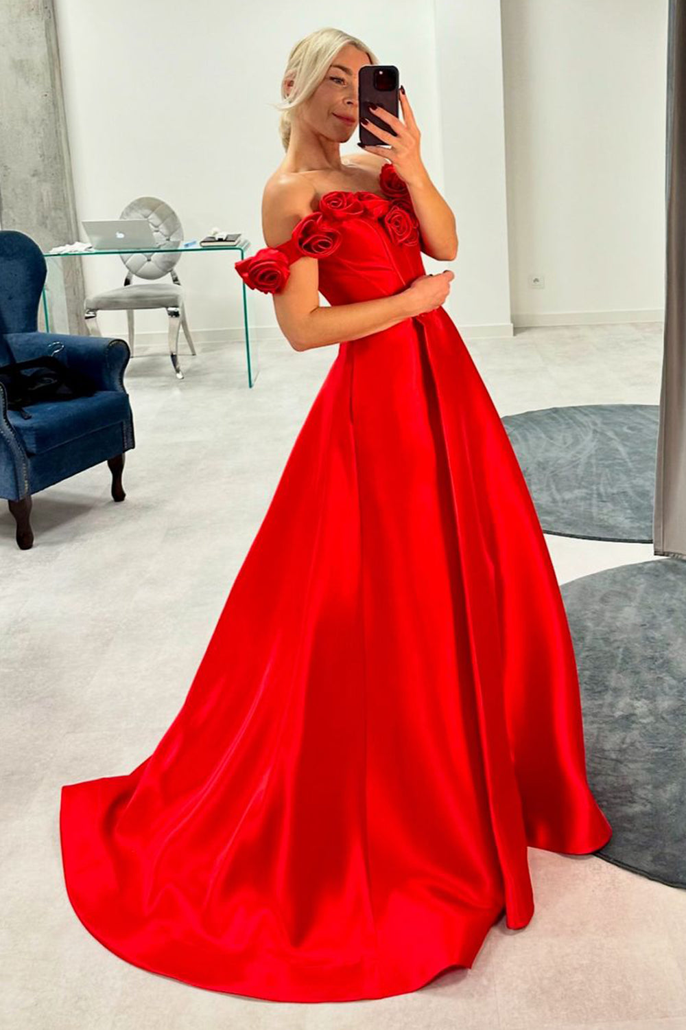 Off the Shoulder A-Line Satin Long Corset Prom Dress with 3D Flowers