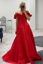 Off the Shoulder A-Line Satin Long Corset Prom Dress with 3D Flowers