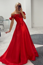 Off the Shoulder A-Line Satin Long Corset Prom Dress with 3D Flowers