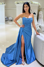 Mermaid Strapless Ruched Satin Long Prom Dress with Slit