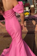 Mermaid Off the Shoulder Satin Long Prom Dress Puff Sleeves