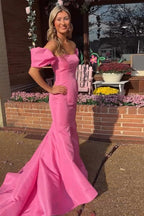 Mermaid Off the Shoulder Satin Long Prom Dress Puff Sleeves