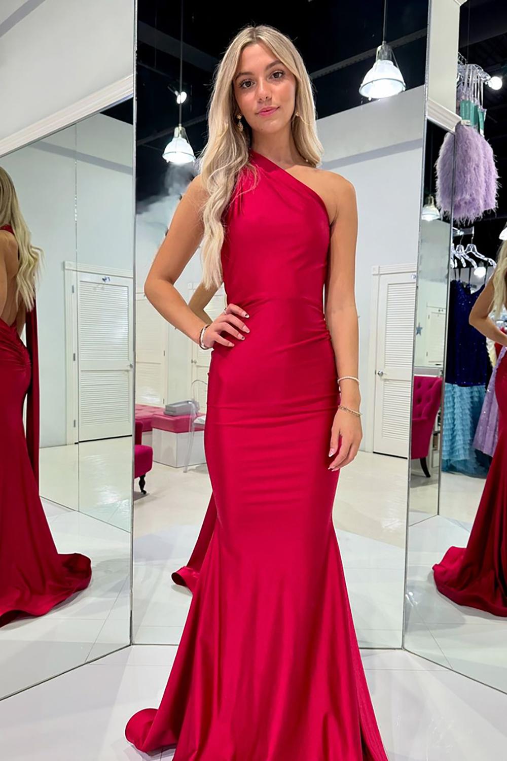 One Shoulder Satin Mermaid Long Prom Dress with Open Back
