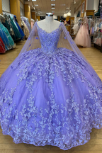 Ball Gown Spaghetti Straps Caped Tulle Quinceanera Dress with Appliques