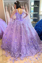 Ball Gown Spaghetti Straps Caped Tulle Quinceanera Dress with Appliques