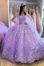 Ball Gown Spaghetti Straps Caped Tulle Quinceanera Dress with Appliques