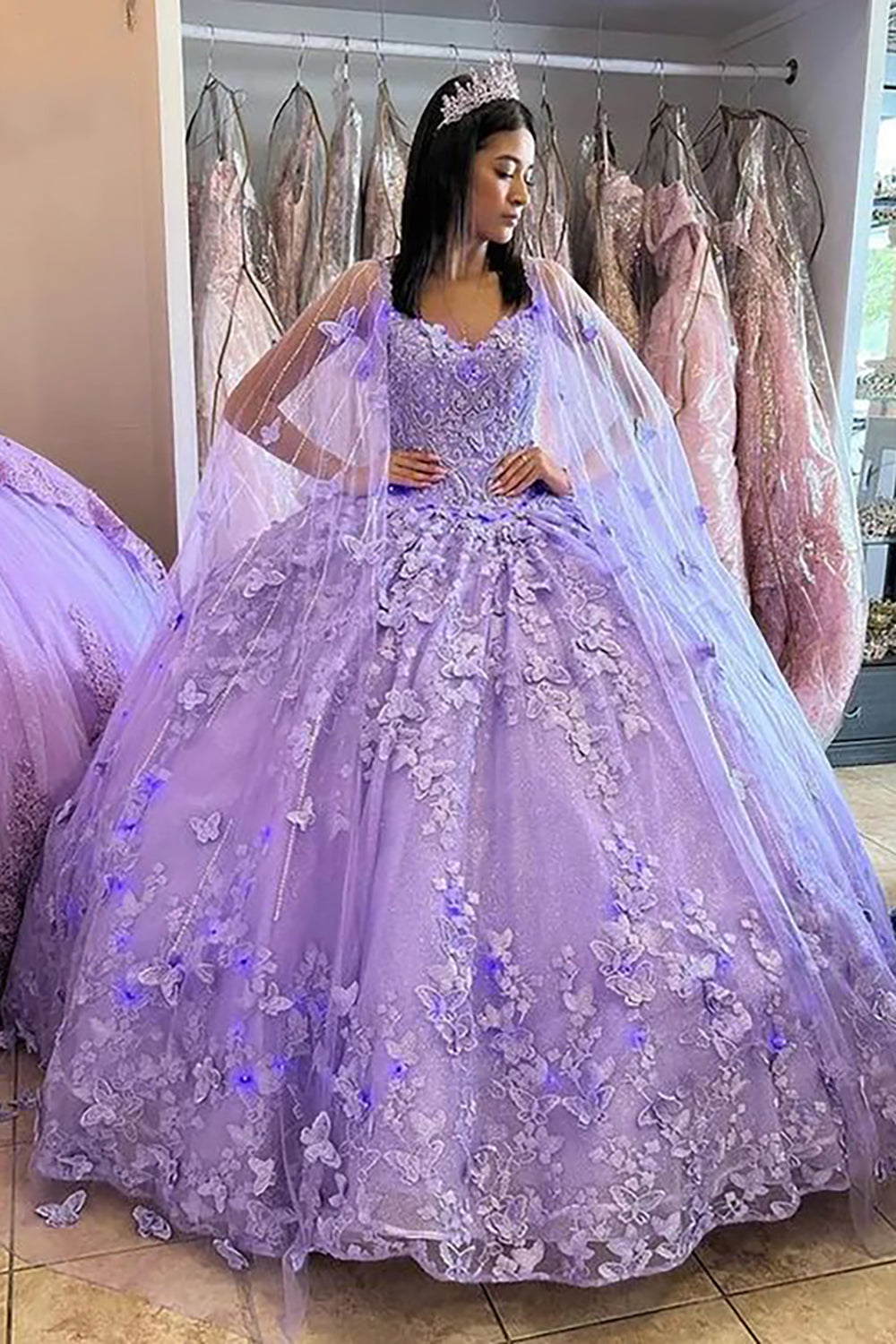 Ball Gown Spaghetti Straps Caped Tulle Quinceanera Dress with Appliques