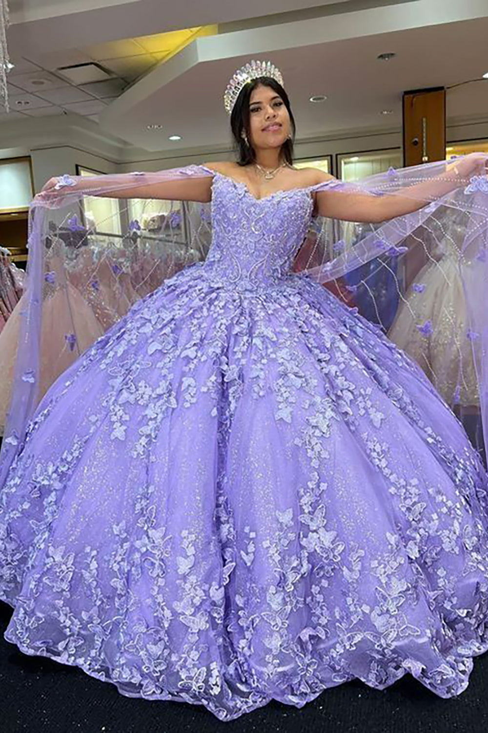 Ball Gown Spaghetti Straps Caped Tulle Quinceanera Dress with Appliques