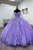 Ball Gown Spaghetti Straps Caped Tulle Quinceanera Dress with Appliques